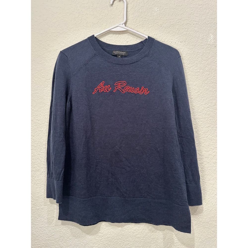 Banana Republic Navy Blue Extra Fine Merino Wool Au Revoir Graphic Sweater M‎